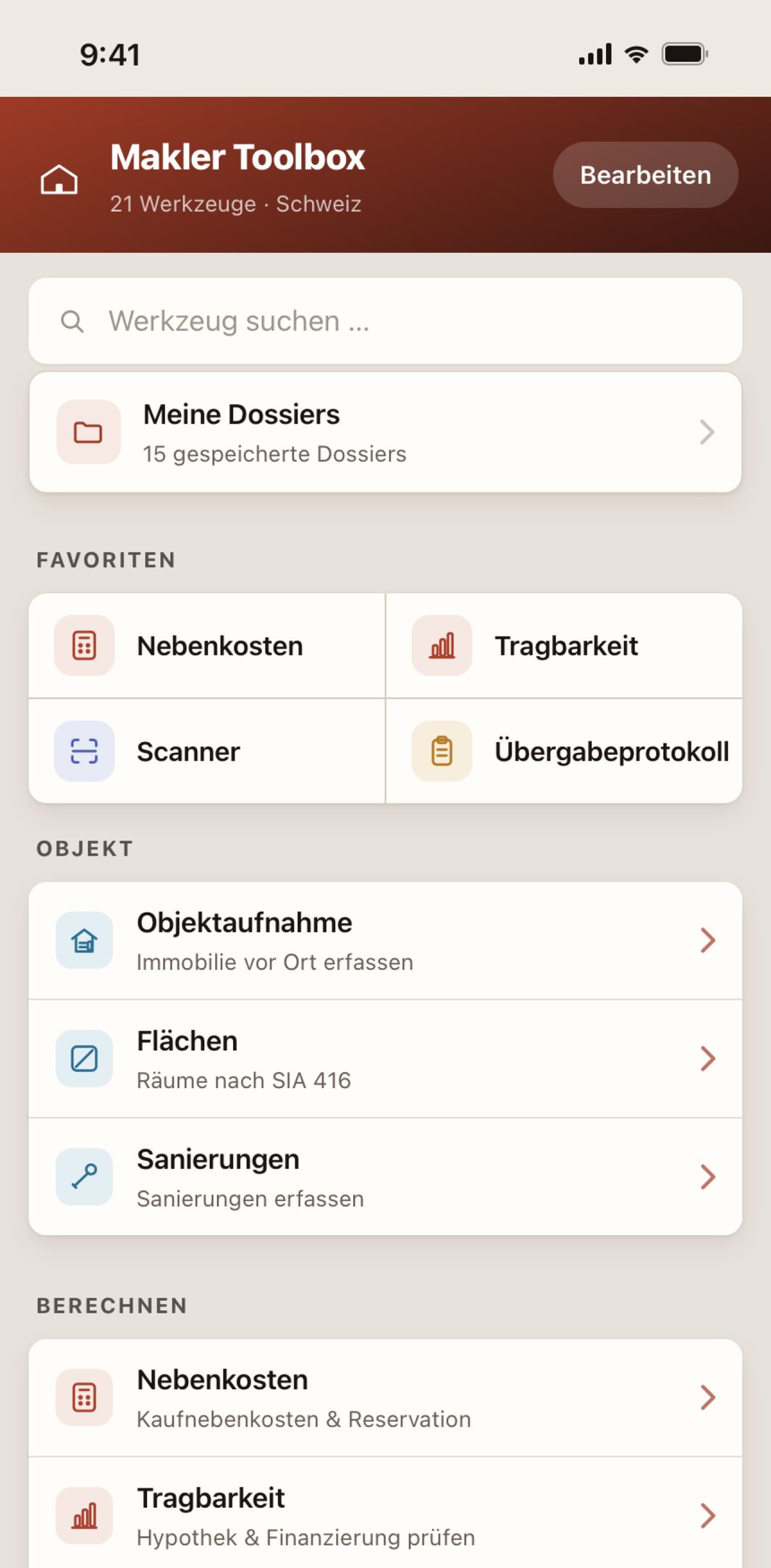 Der Startbildschirm der Makler Toolbox auf dem iPhone – Suche, Favoriten und alle 21 Werkzeuge nach Kategorien