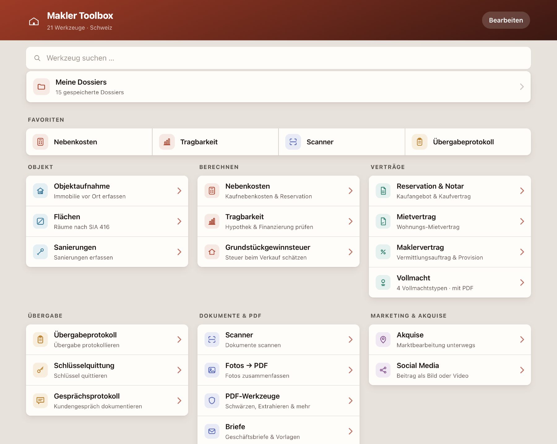 Der Startbildschirm der Makler Toolbox mit allen 21 Werkzeugen