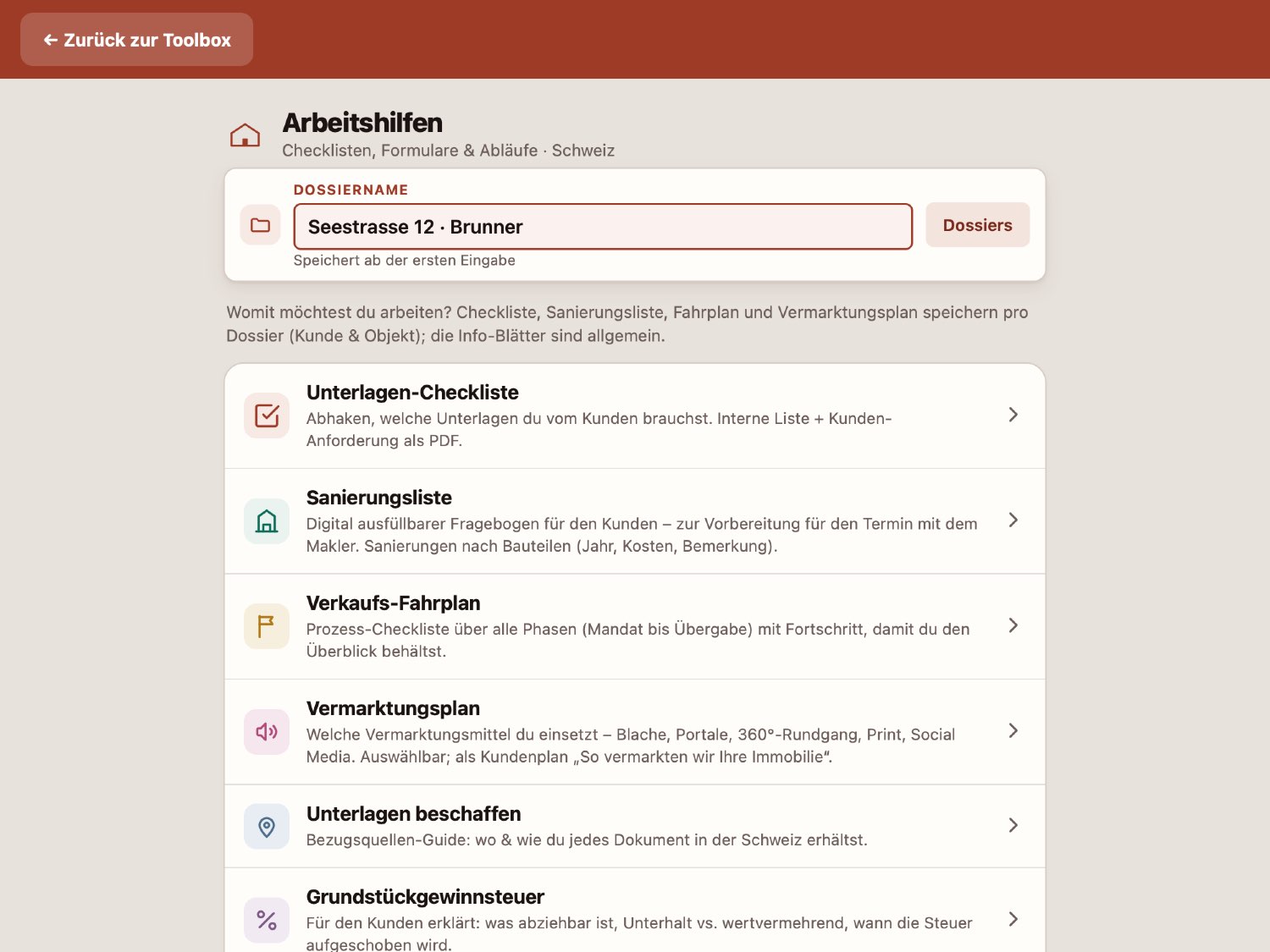 Arbeitshilfen auf dem Tablet in der Makler Toolbox
