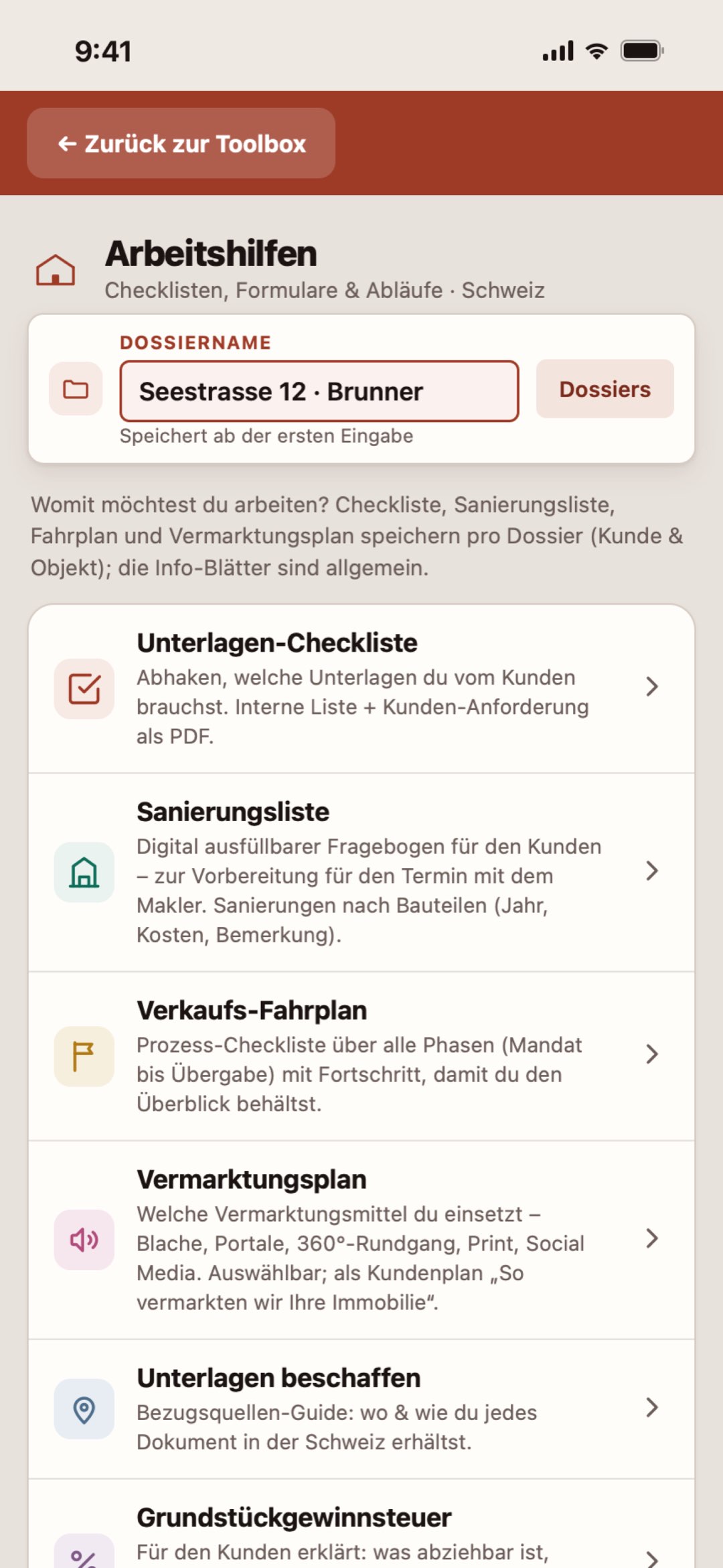 Arbeitshilfen auf dem iPhone in der Makler Toolbox