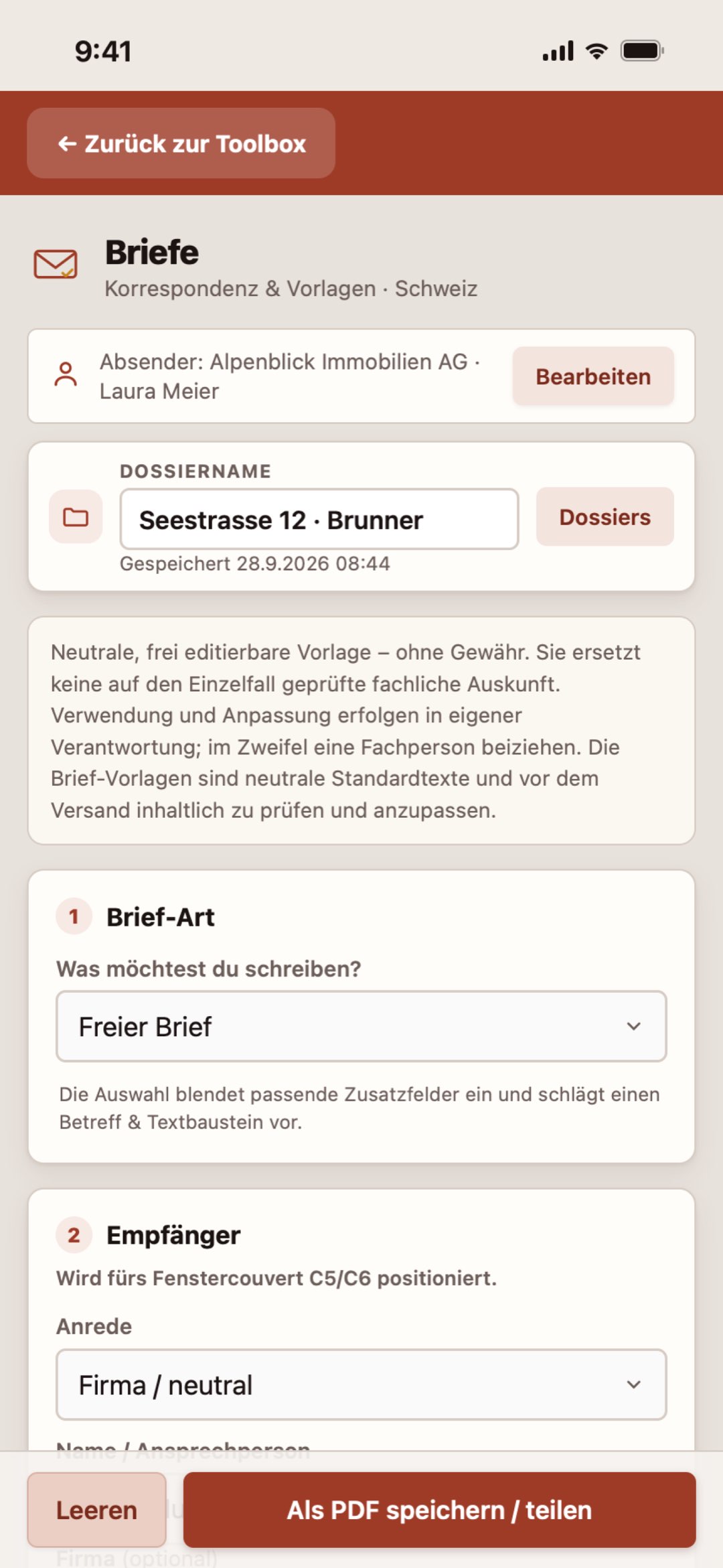 Briefe auf dem iPhone in der Makler Toolbox