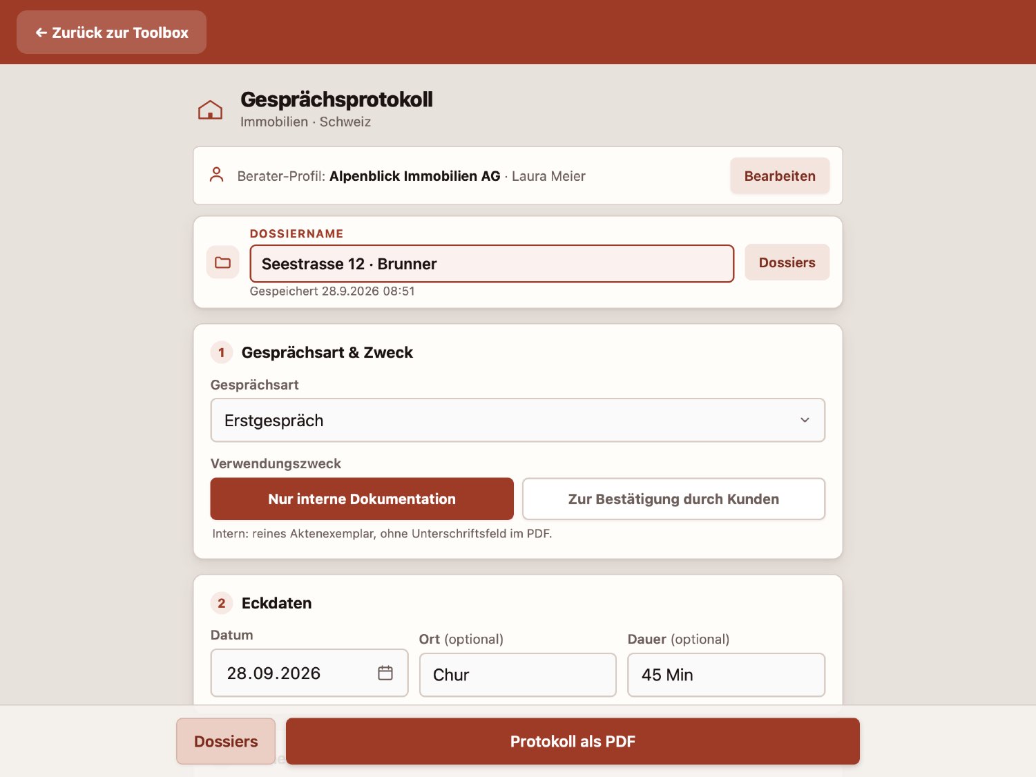 Gesprächsprotokoll auf dem Tablet in der Makler Toolbox