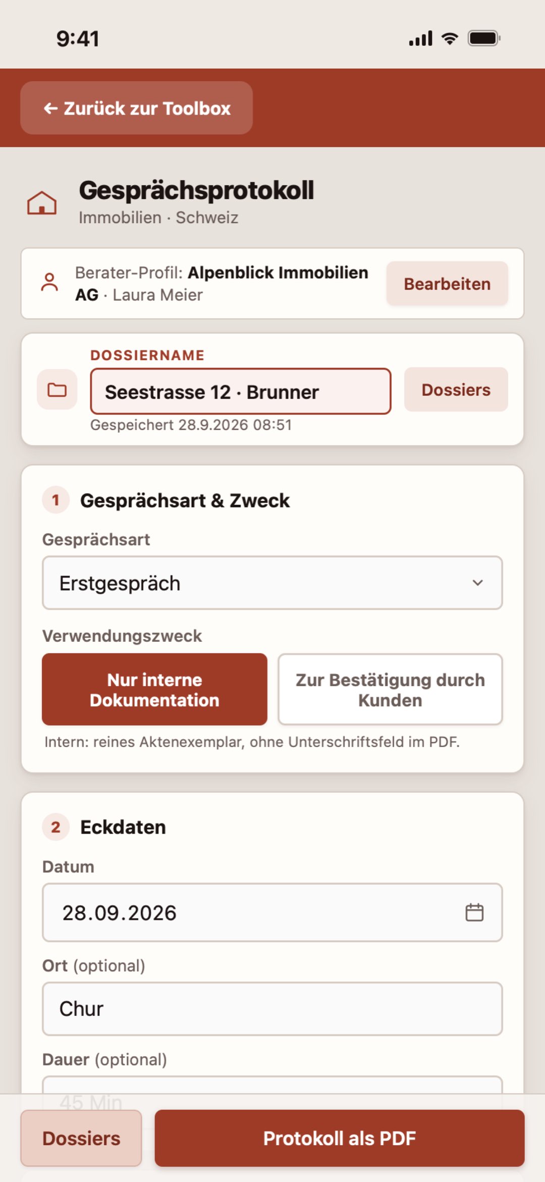 Gesprächsprotokoll auf dem iPhone in der Makler Toolbox