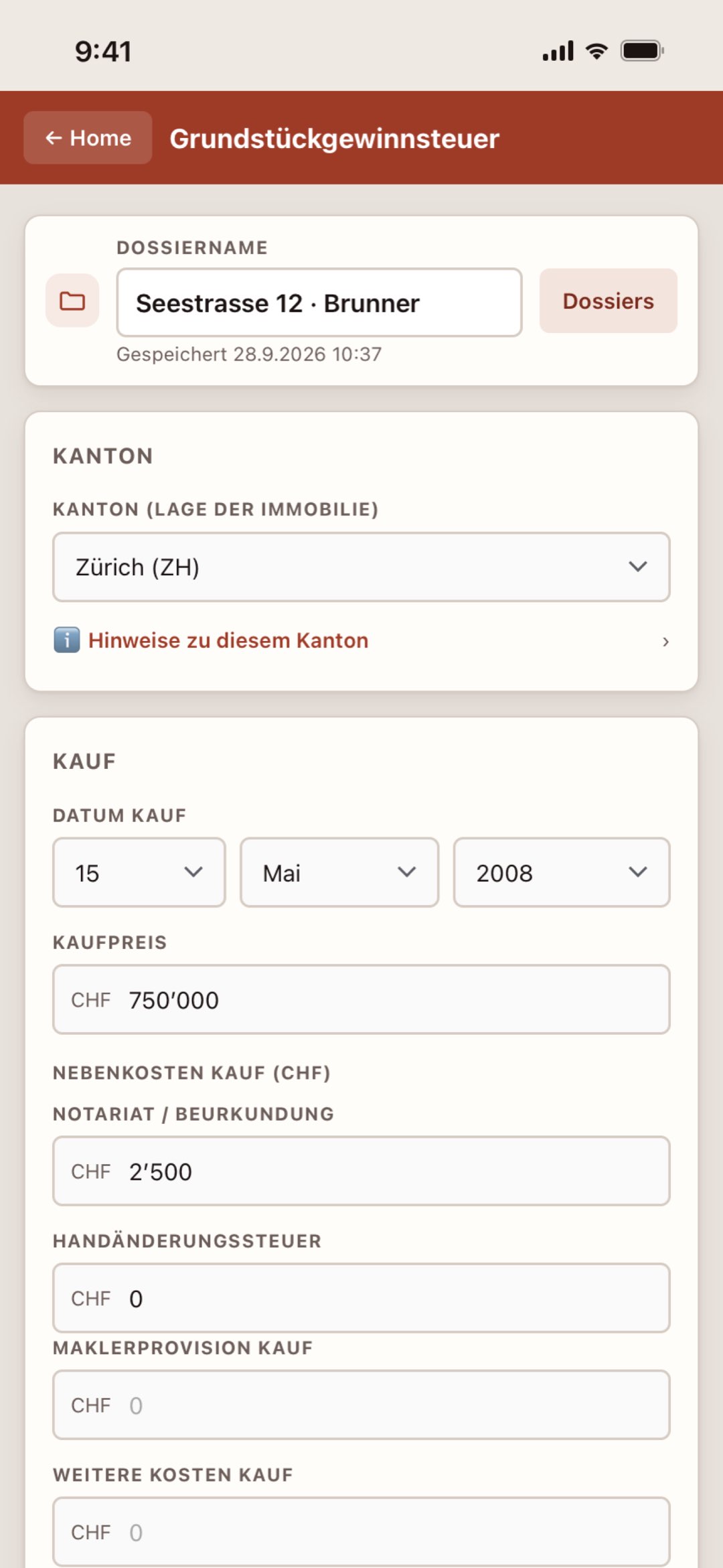 Grundstückgewinnsteuer auf dem iPhone in der Makler Toolbox
