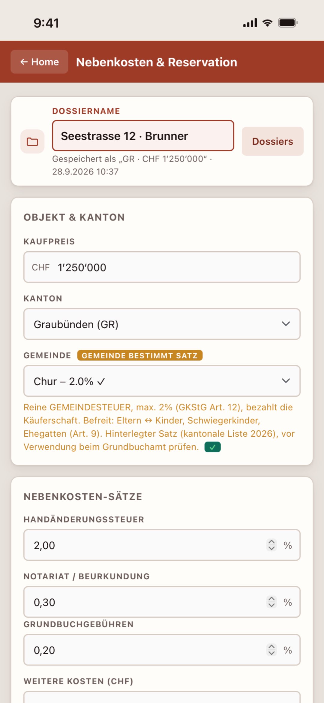 Kaufnebenkosten auf dem iPhone in der Makler Toolbox