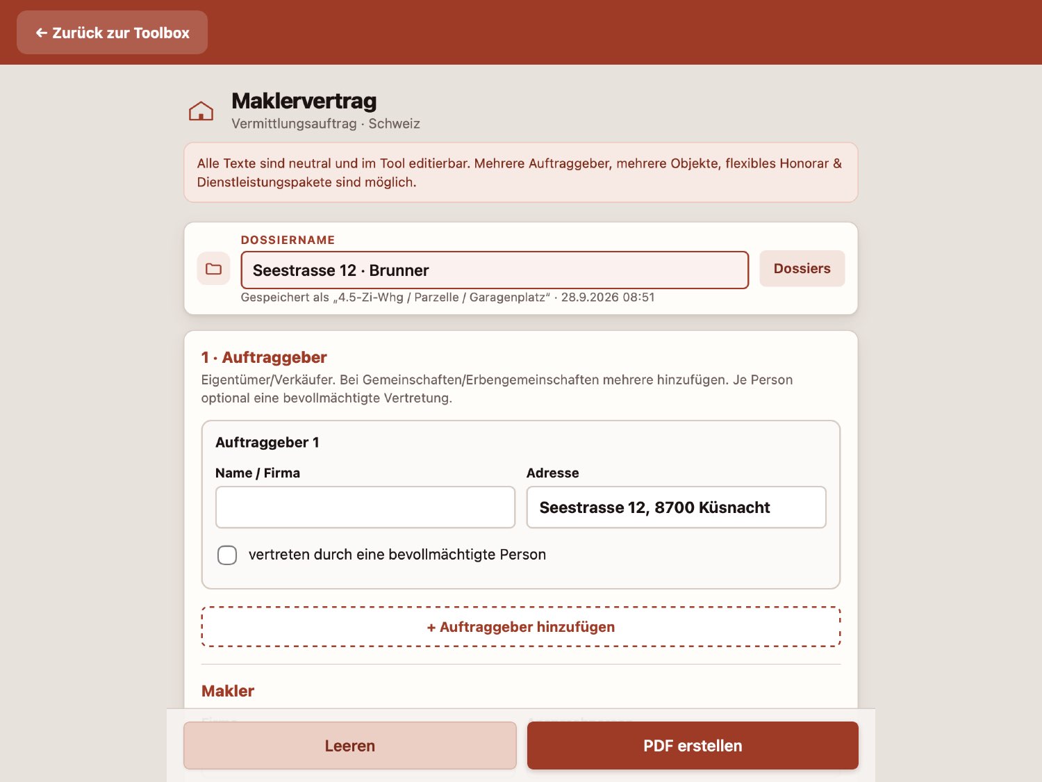 Maklervertrag auf dem Tablet in der Makler Toolbox