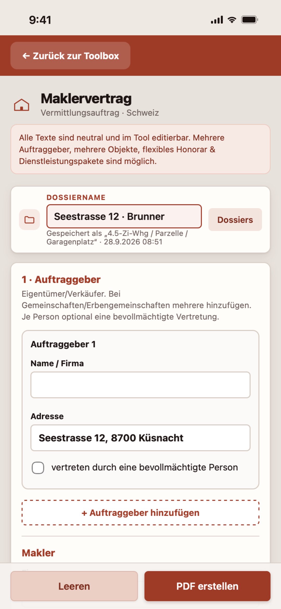 Maklervertrag auf dem iPhone in der Makler Toolbox