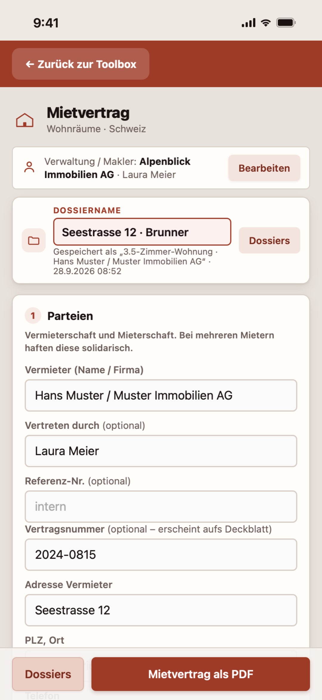 Mietvertrag auf dem iPhone in der Makler Toolbox