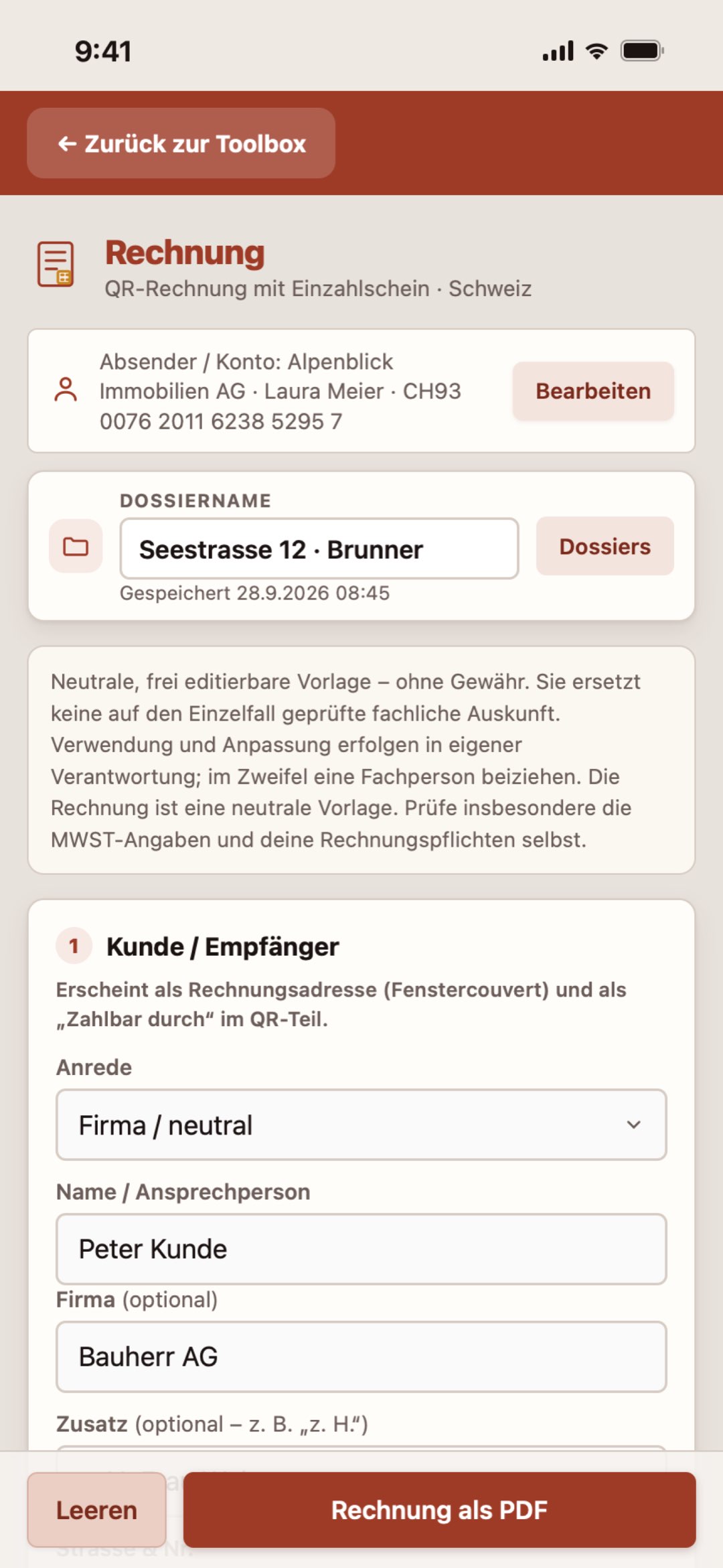Rechnung auf dem iPhone in der Makler Toolbox