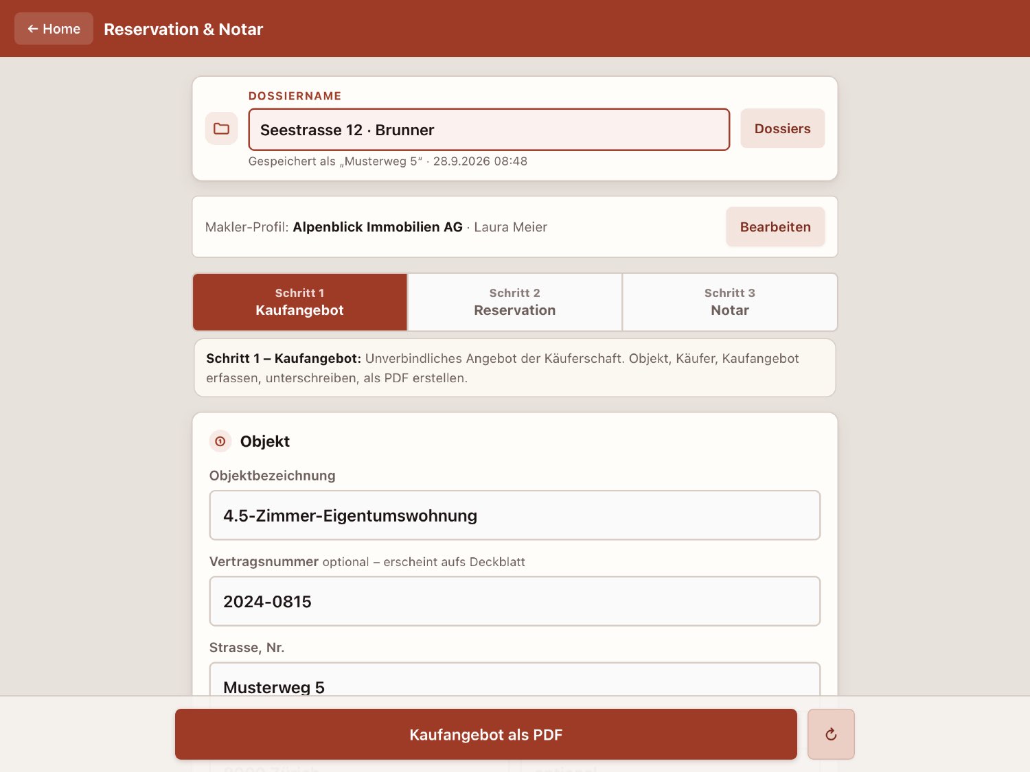 Reservation & Notar auf dem Tablet in der Makler Toolbox