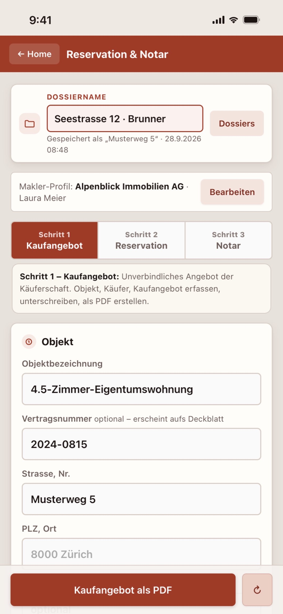 Reservation & Notar auf dem iPhone in der Makler Toolbox