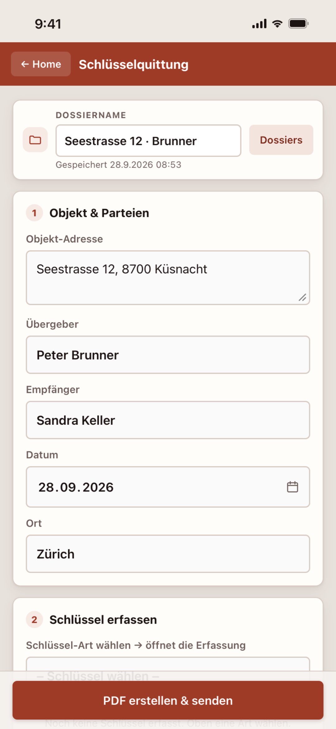 Schlüsselquittung auf dem iPhone in der Makler Toolbox