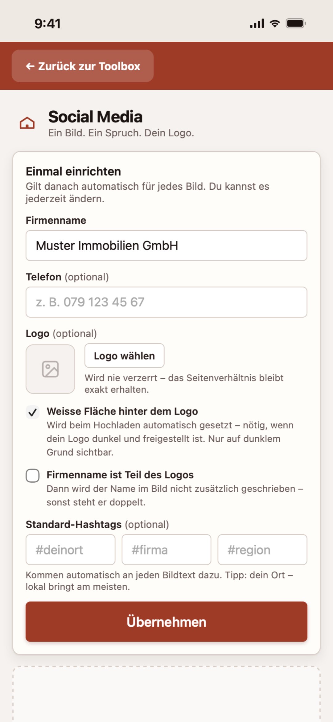 Social Media auf dem iPhone in der Makler Toolbox