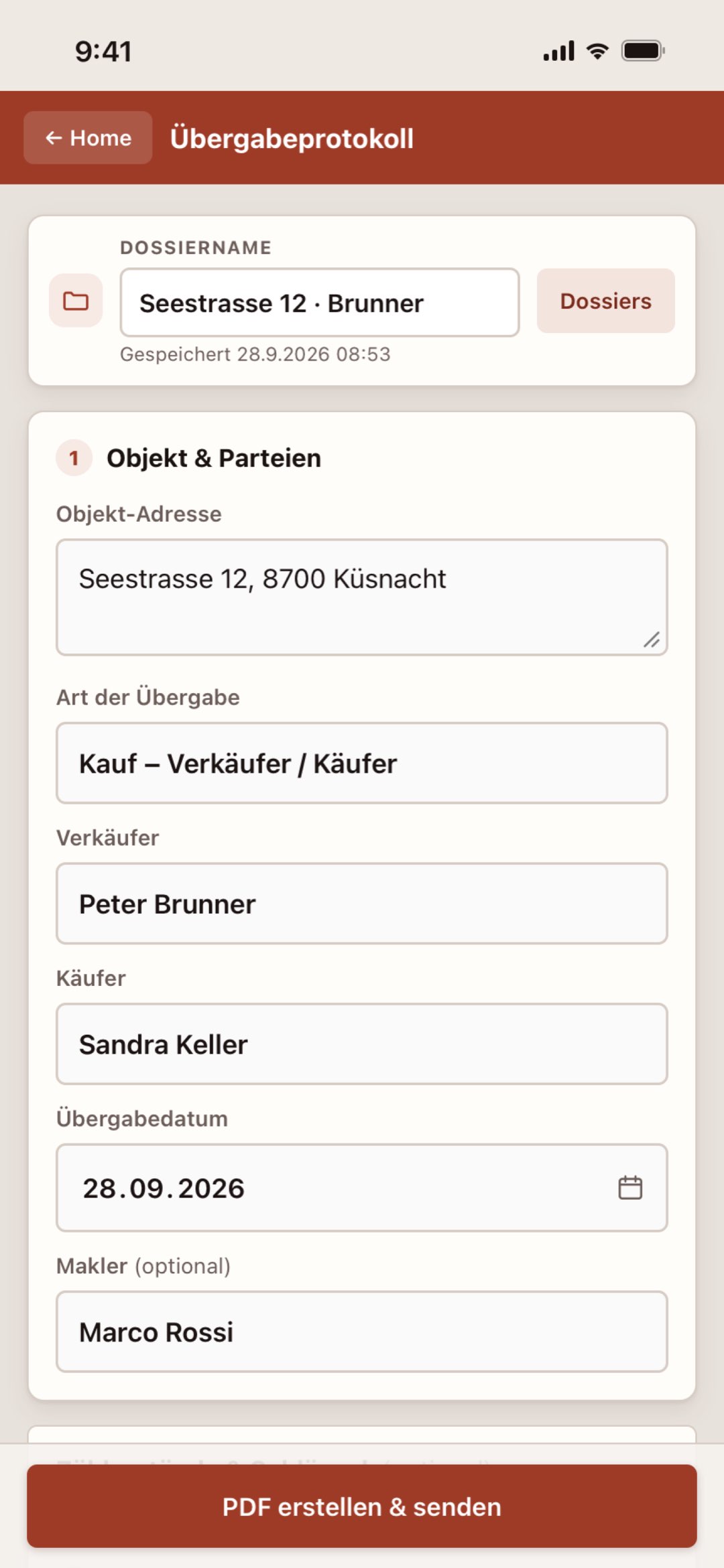 Übergabeprotokoll auf dem iPhone in der Makler Toolbox