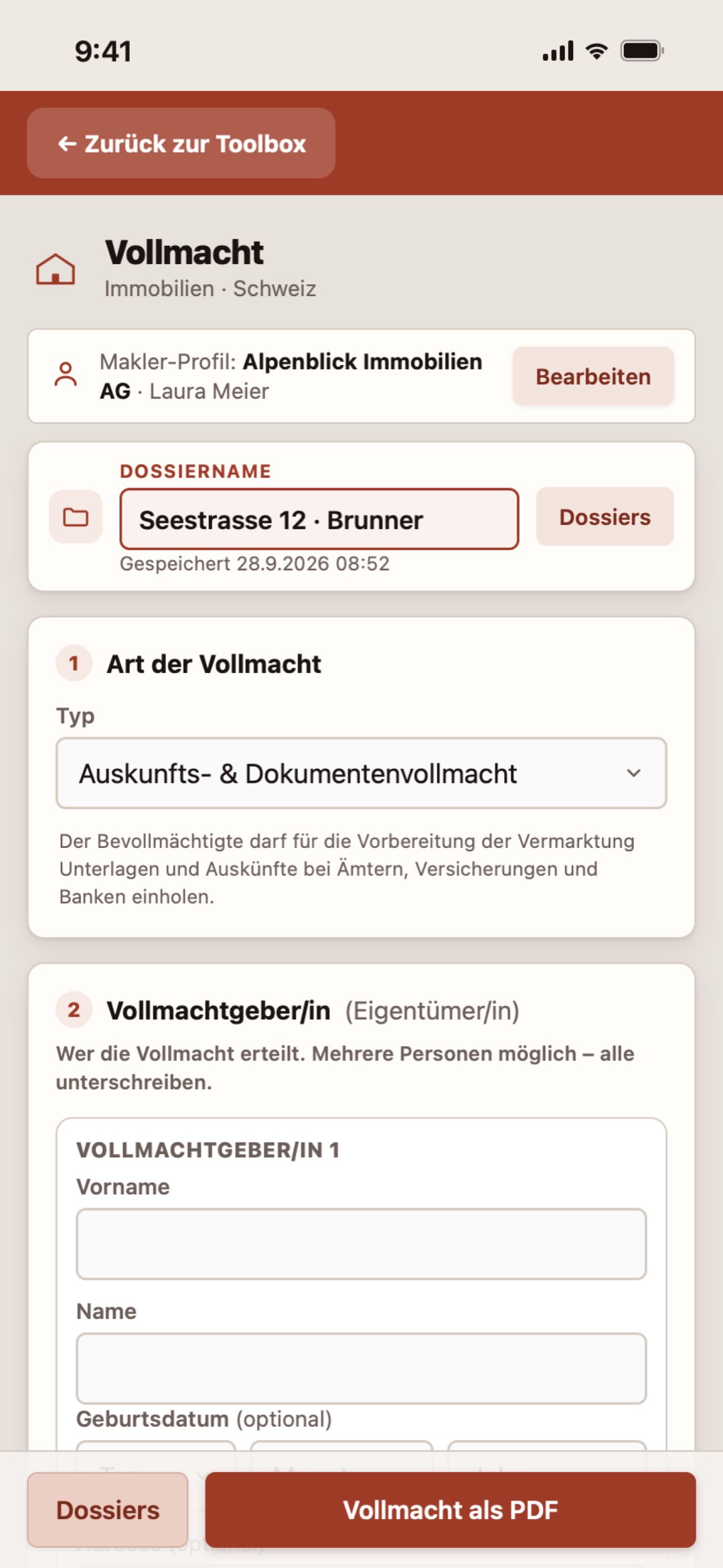 Vollmacht auf dem iPhone in der Makler Toolbox